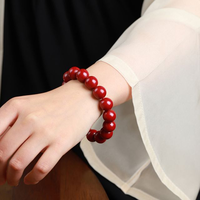 S10-Cinnabar Glossy Beaded Bracelet – Red Polished Bead Stretch Bracelet