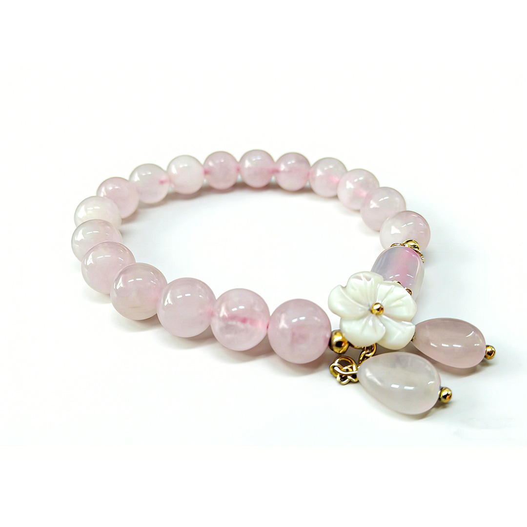 GHK100-Rose Quartz Beaded Bracelet with Flower Charm