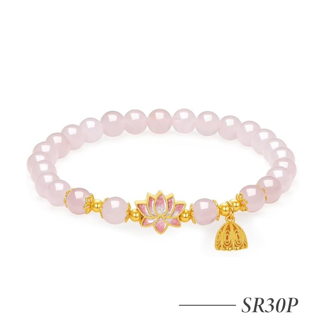 SR30P-Sterling Silver Pink Beaded Bracelet with Lotus Flower Charm Stretch Bracelet for Women
