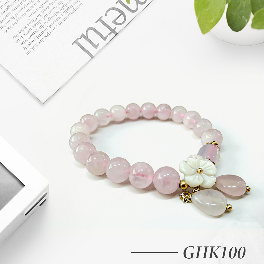 GHK100-Rose Quartz Beaded Bracelet with Flower Charm